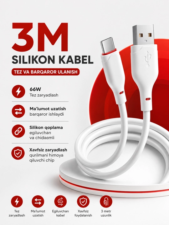 2M Кабель USB Type-C, для быстрой зарядки и передачи данных - 