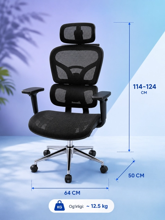Ofis kreslosi ergonomik, to‘rli, bosh suyanchig‘i va bel tayanchi bilan jihozlangan