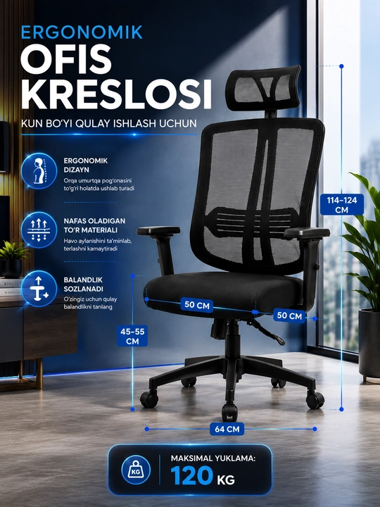 Ofis kreslosi, baland orqa tayanchli, yumshoq o‘rindiqli va sozlanadigan qora stul
