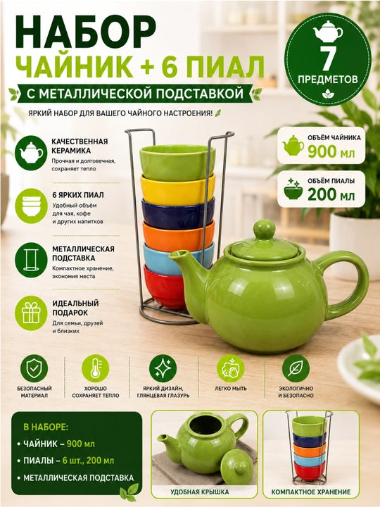 Metall taglikli keramik choy to‘plami: choynak + 6 ta piyola (7 ta buyum) - 