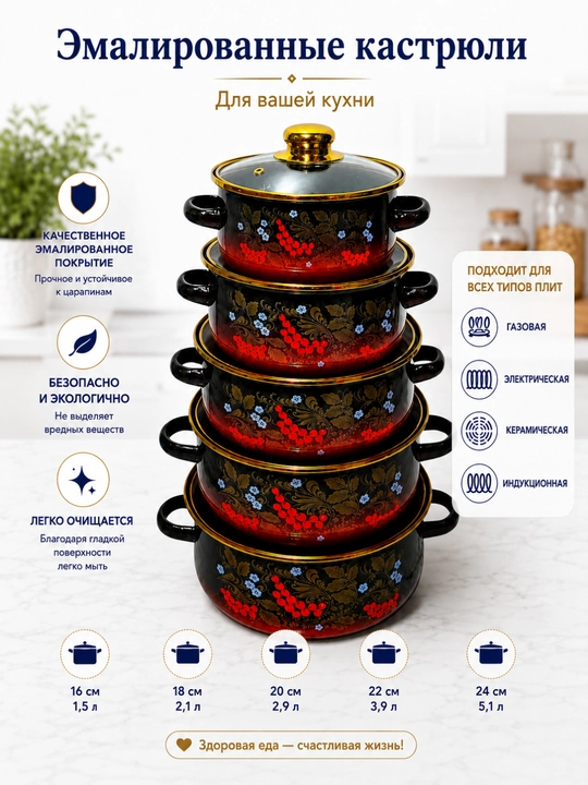 Набор эмалированных кастрюль 5 предметов, стеклянные крышки, 16–24 см, 3 цвета