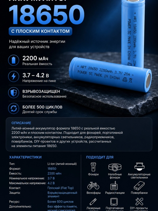 Аккумулятор 18650 Li-ion 2200 мАч 3.7В с плоским контактом для фонарей и электроники