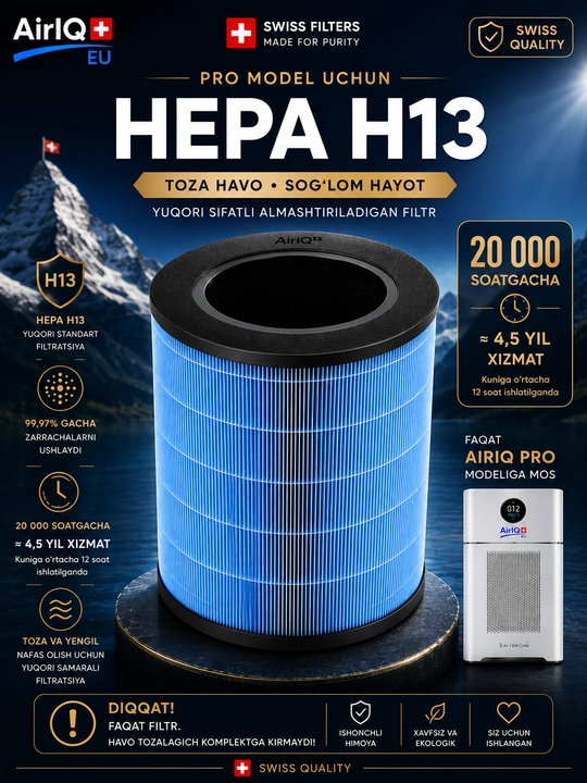 AirIQ Pro Сменный HEPA H13 фильтр для очистителя воздуха, ресурс 20 000 часов Air IQ Air
