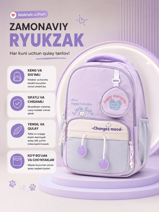 Ryukzak qizlar maktab ryugzak uchun katta hajmli suv o'tkazmaydigan maktab ryukzagi