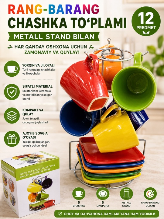 Metall stand taglik bilan rang-barang chashka to‘plami 12 ta predmet - 