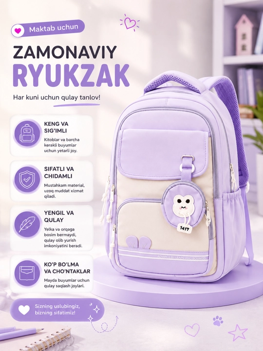 Ryukzak qizlar maktab ryugzak uchun katta hajmli suv o'tkazmaydigan maktab ryukzagi