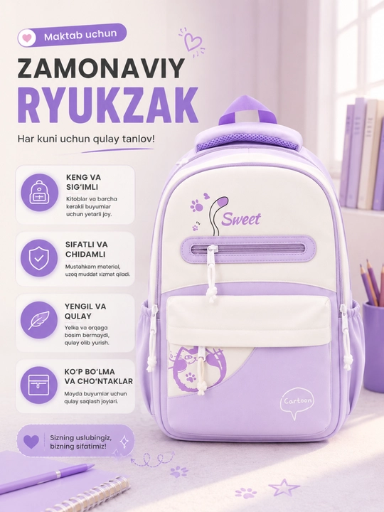 Ryukzak qizlar maktab ryugzak uchun katta hajmli suv o'tkazmaydigan maktab ryukzagi