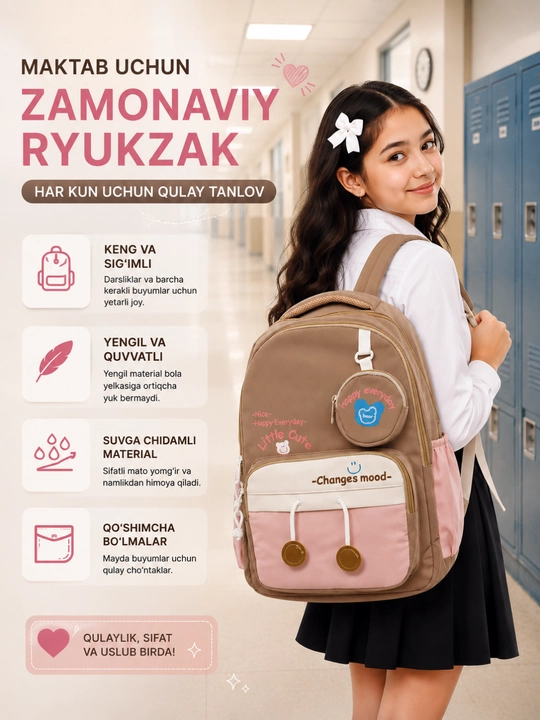 Ryukzak qizlar maktab ryugzak uchun katta hajmli suv o'tkazmaydigan maktab ryukzagi