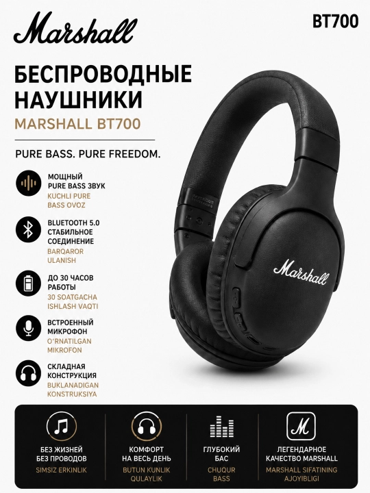 Беспроводные наушники Marshal BT Buetooth 5.0 накладные черные до 5 часов работы - 
