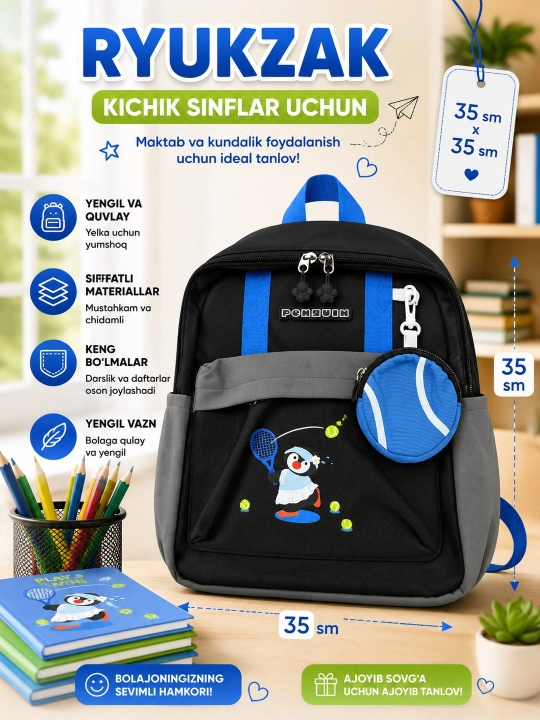 Bolalar ryukzagi, sumkasi, turli dizayn va ranglarda