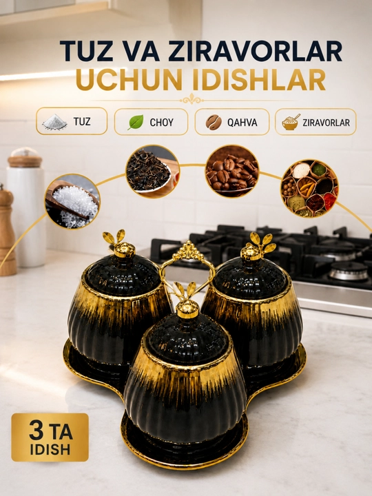 Sami ziravor idishlari to‘plami, 3 ta idish, tuz, qahva, choy va ziravorlar uchun - 
