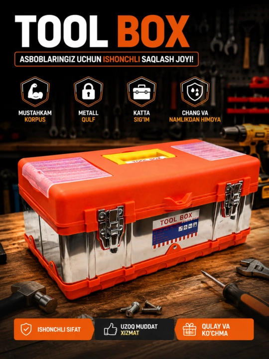 Ko‘p funksiyali metall qulflarga ega mustahkam asboblar saqlash qutisi (Tool Box) - 