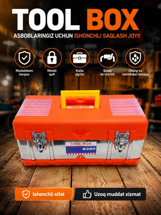 Ko‘p funksiyali metall qulflarga ega mustahkam asboblar saqlash qutisi (Tool Box)