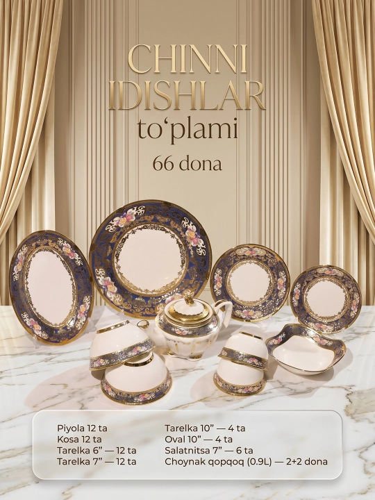 Chinni idishlar to‘plami 64 dona, 12 kishilik, servis to‘plami - 