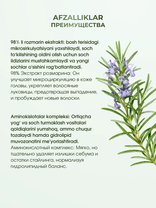 Розмарин шампунь для объема волос Rosemary с экстрактом розмарина и аминокислотами, 500 мл