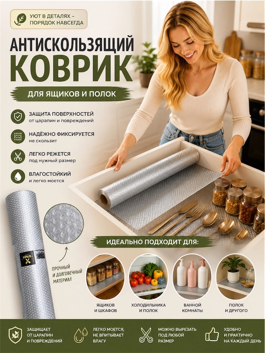 Cиликоновый, противоскользящий коврик в рулоне, для холодильника и полок-5 и 1,5 метра - 