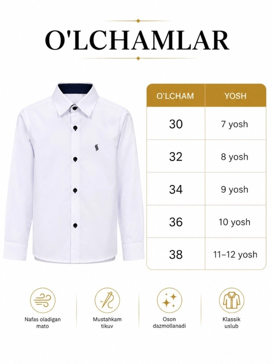 O‘g‘il bolalar oq rubashkasi, maktab ko‘ylagi, yengil va qulay oq ko‘ylak