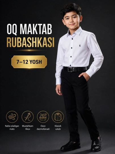 O‘g‘il bolalar oq rubashkasi, maktab ko‘ylagi, yengil va qulay oq ko‘ylak - 
