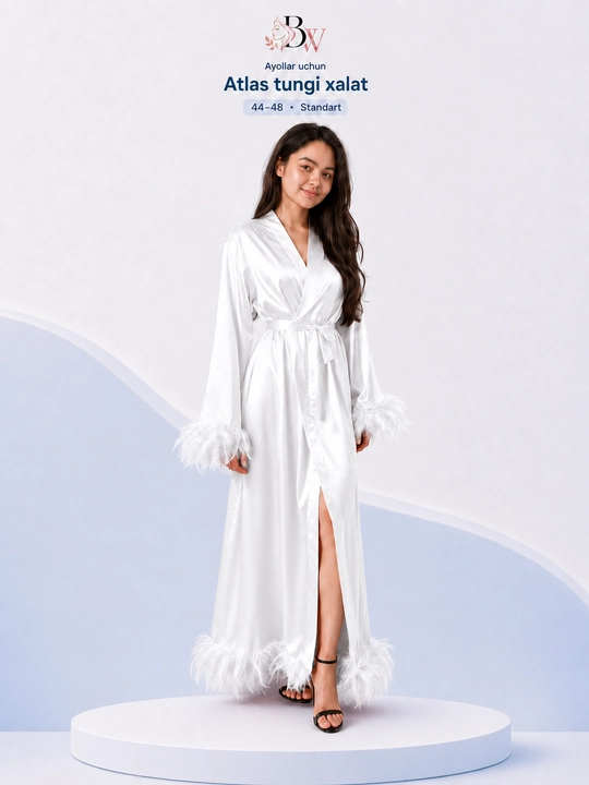 Женский ночной халат BellaWear, длинный атласный с перьями, размер 44–48 - 
