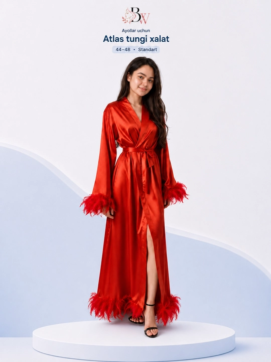 Женский ночной халат BellaWear, длинный атласный с перьями, размер 44–48 - 