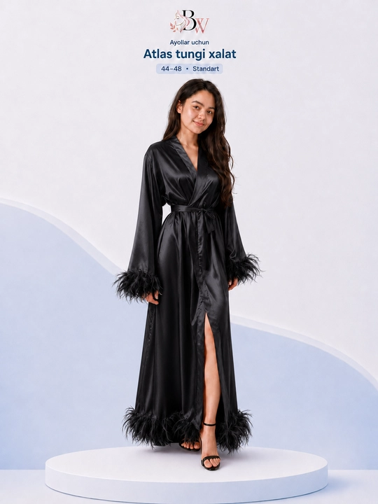Женский ночной халат BellaWear, длинный атласный с перьями, размер 44–48 - 