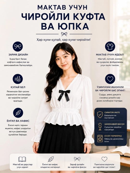 Школьная форма для девочек, белая блузка и черная юбка