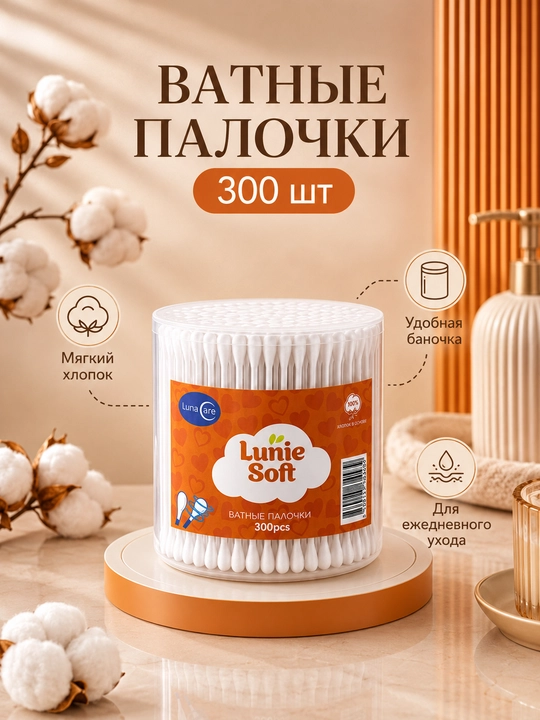 Paxta tayoqchalari, uxochistka, Lunie Soft, gigiyenik, kosmetika uchun, 150/200/300 dona - 