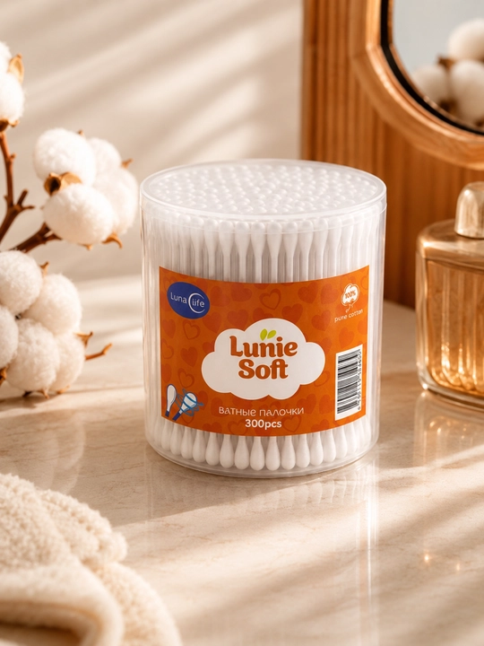 Ватные палочки Lunie Soft, 100% хлопок, гипоаллергенные, для косметики, 150/200/300 шт