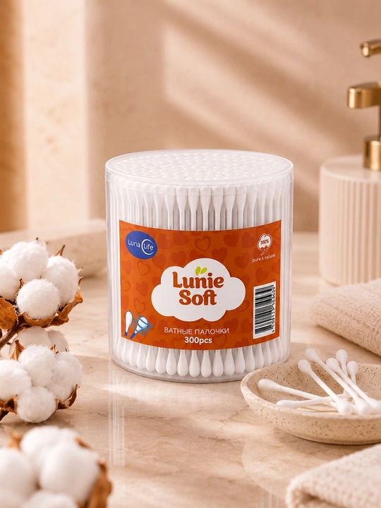 Ватные палочки Lunie Soft, 100% хлопок, гипоаллергенные, для косметики, 150/200/300 шт