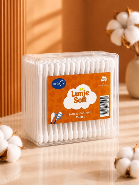 Ватные палочки Lunie Soft, 100% хлопок, гипоаллергенные, для косметики, 150/200/300 шт