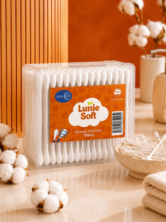 Ватные палочки Lunie Soft, 100% хлопок, гипоаллергенные, для косметики, 150/200/300 шт
