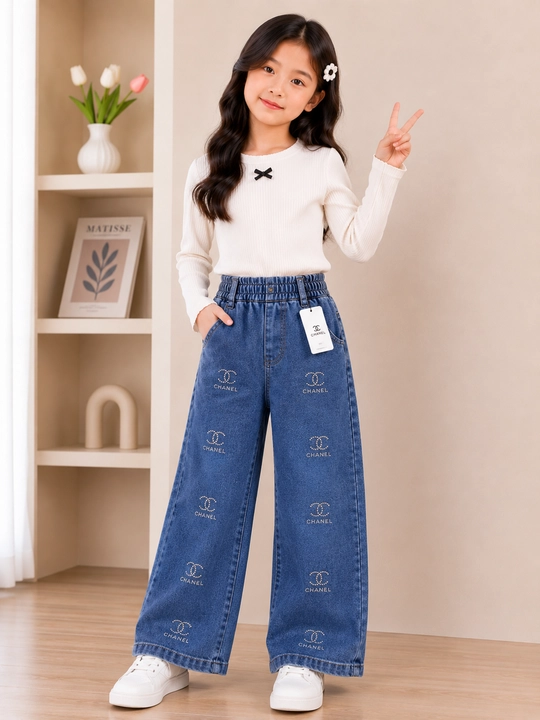 Qizlar uchun keng denim jinsi shim, elastik bel, 6–12 yosh