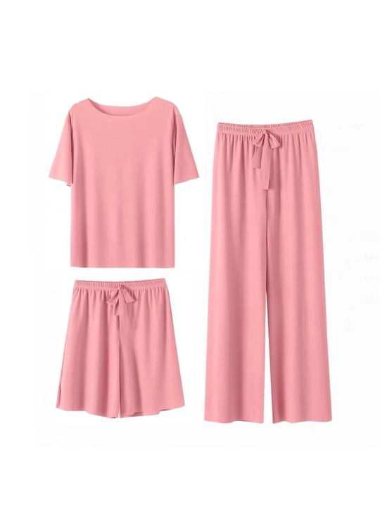 Ayollar uchun Ice Silk uy to‘plami, 3 tasi 1 da, futbolka, shorti va shim, yengil pijama