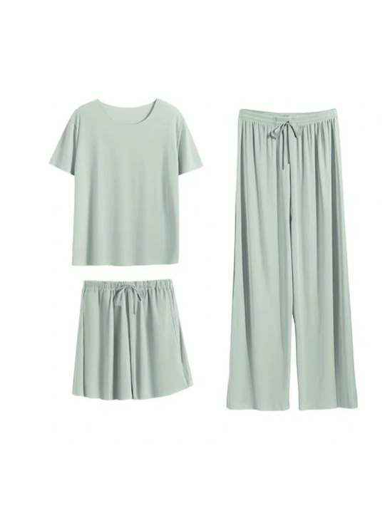 Ayollar uchun Ice Silk uy to‘plami, 3 tasi 1 da, futbolka, shorti va shim, yengil pijama