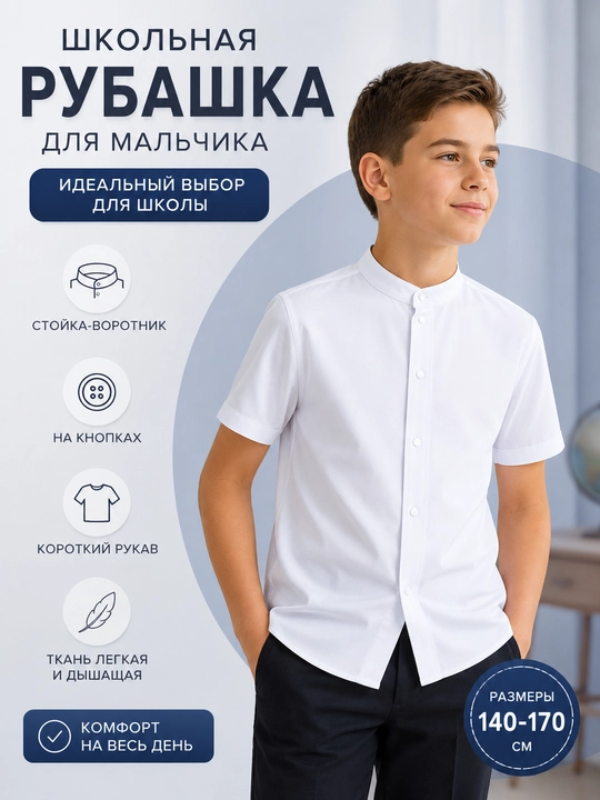 Школьная рубашка для мальчиков с воротником-стойкой, короткий рукав - 