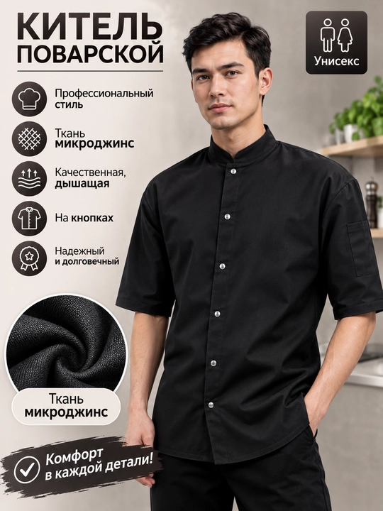 Китель поварской, мужской, короткий рукав, воротник-стойка, микроджинс - 
