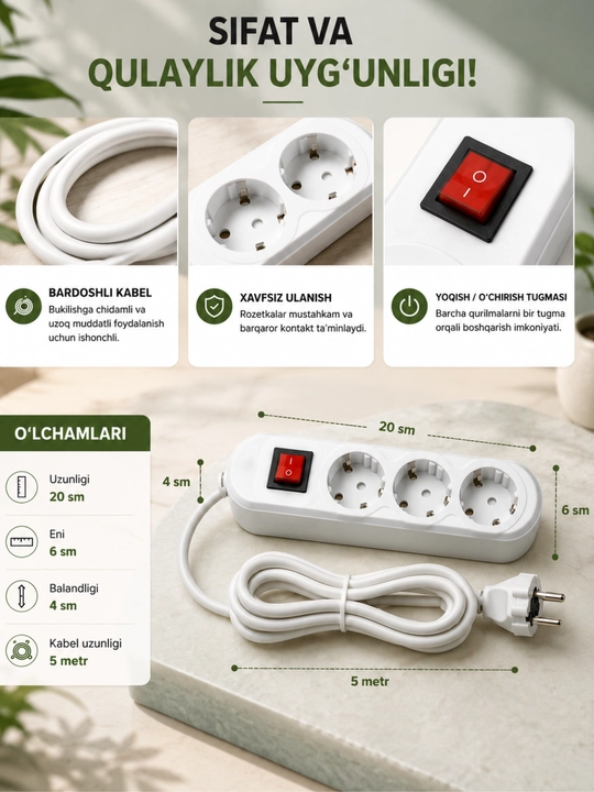 Elektr uzaytirgich, 3 rozetka, 3500W, 16A, 3 metr, 5 metr, udlinitel, uzaytirgich, rozetka