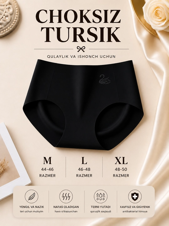 Choksiz trusiklar, o‘rta, qulay, besh chokli trusiklar, ayollar ichki kiyimi