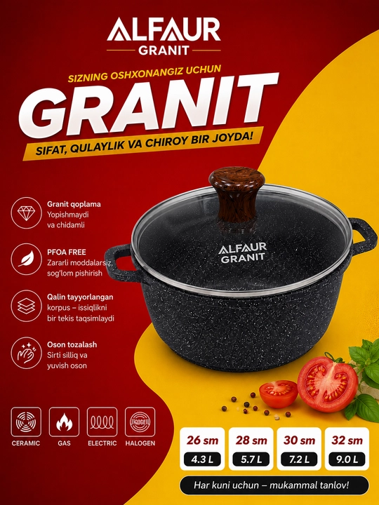 ALFAUR granitli antipiren qoplamali va shisha qopqoqli qozon - 