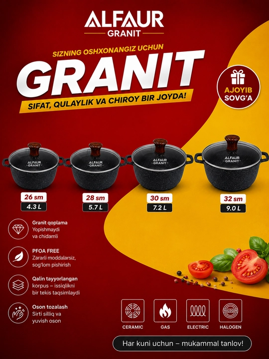 ALFAUR granitli antipiren qoplamali va shisha qopqoqli qozon