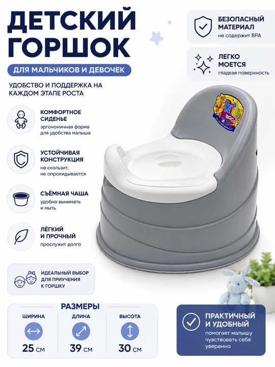 Классический детский горшок с высокой спинкой и эргономичной формой