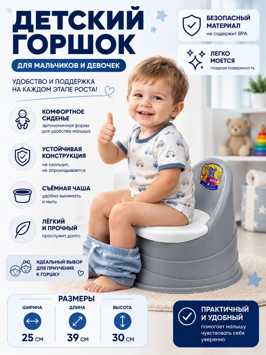Классический детский горшок с высокой спинкой и эргономичной формой - 