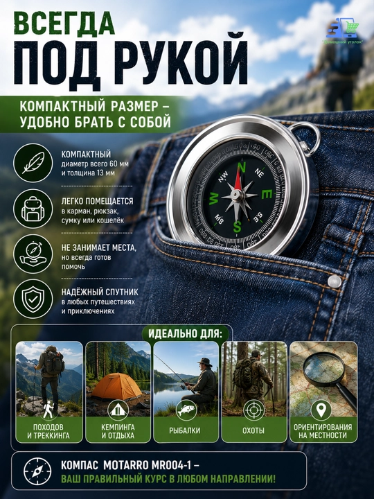MOTARRO MR004-1 portativ kompas - sayohat va kemping uchun mo‘ljallangan alyuminiy cho‘ntak kompasi