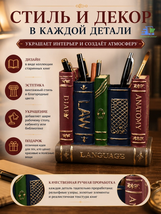 Настольная подставка для ручек в виде старинных книг