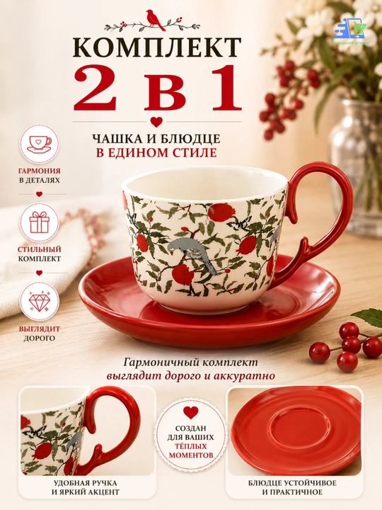 Чайная чашка с блюдцем, керамика, декоративный рисунок с птицей
