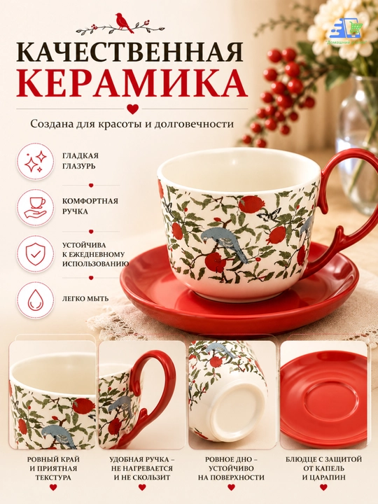 Чайная чашка с блюдцем, керамика, декоративный рисунок с птицей