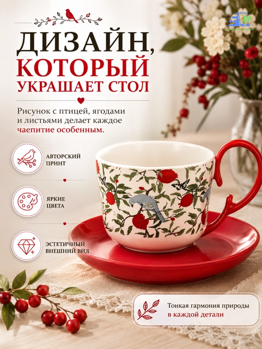 Чайная чашка с блюдцем, керамика, декоративный рисунок с птицей