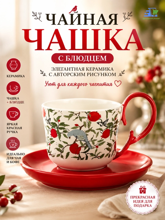 Чайная чашка с блюдцем, керамика, декоративный рисунок с птицей - 