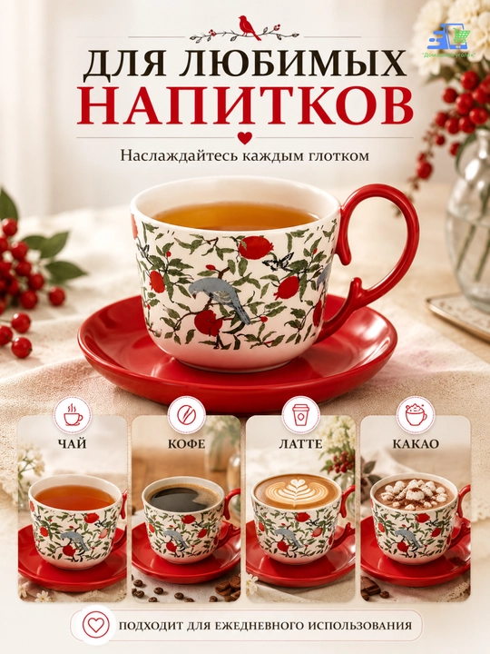 Чайная чашка с блюдцем, керамика, декоративный рисунок с птицей