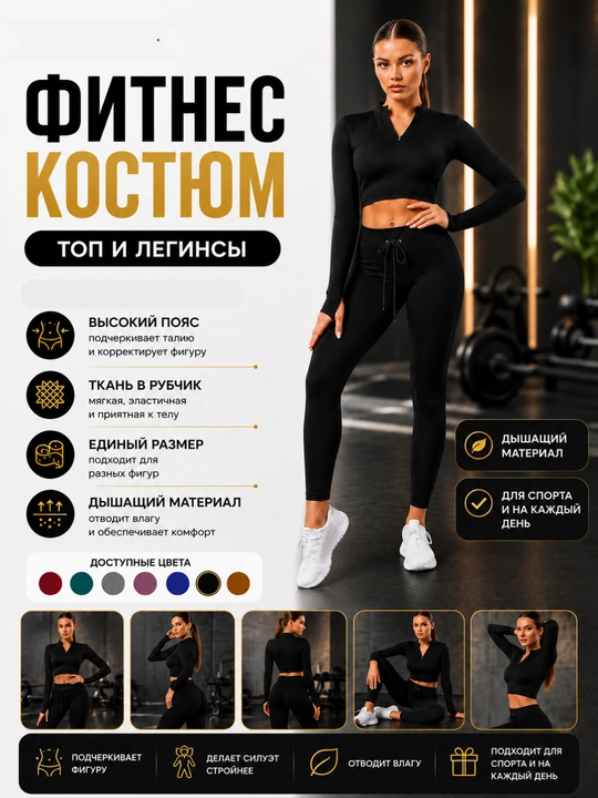 Костюм спортивный женский, топ на молнии с длинным рукавом и леггинсы, M–L - 